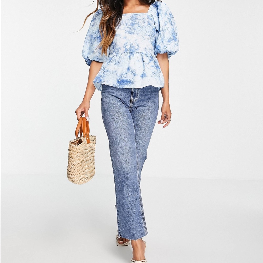 Y.A.S Cotton Puff Sleeve Smock Top in Blue Cloud Print in Medium